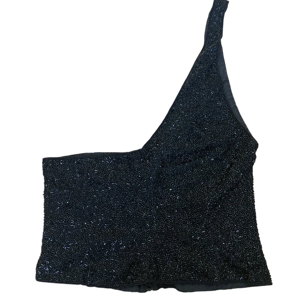 Hugo Buscati Black Beaded One-Shoulder Silk Top Size 8 Vintage Whimsy Goth